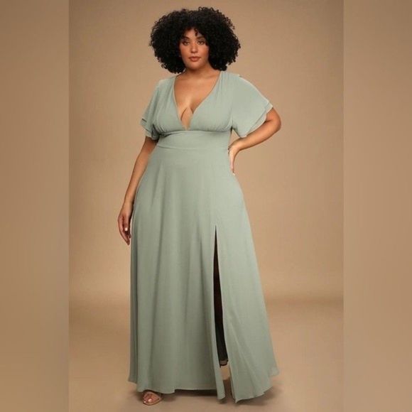 SOLD NWT Lulus Promise Of Love Sage Brush Flutter Sleeve Maxi Dress Size 2X - Picture 13 of 16